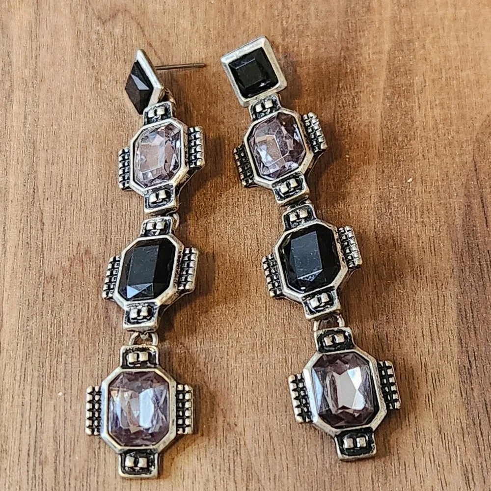 Black Lavender Crystal Art Deco Drop Earrings Silver Tone Geometric‎ 2.75
